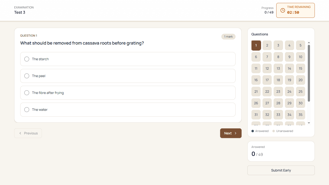 Examhive candidate exam interface showing the exam timer, current question with multiple choice options, and the question navigator panel.