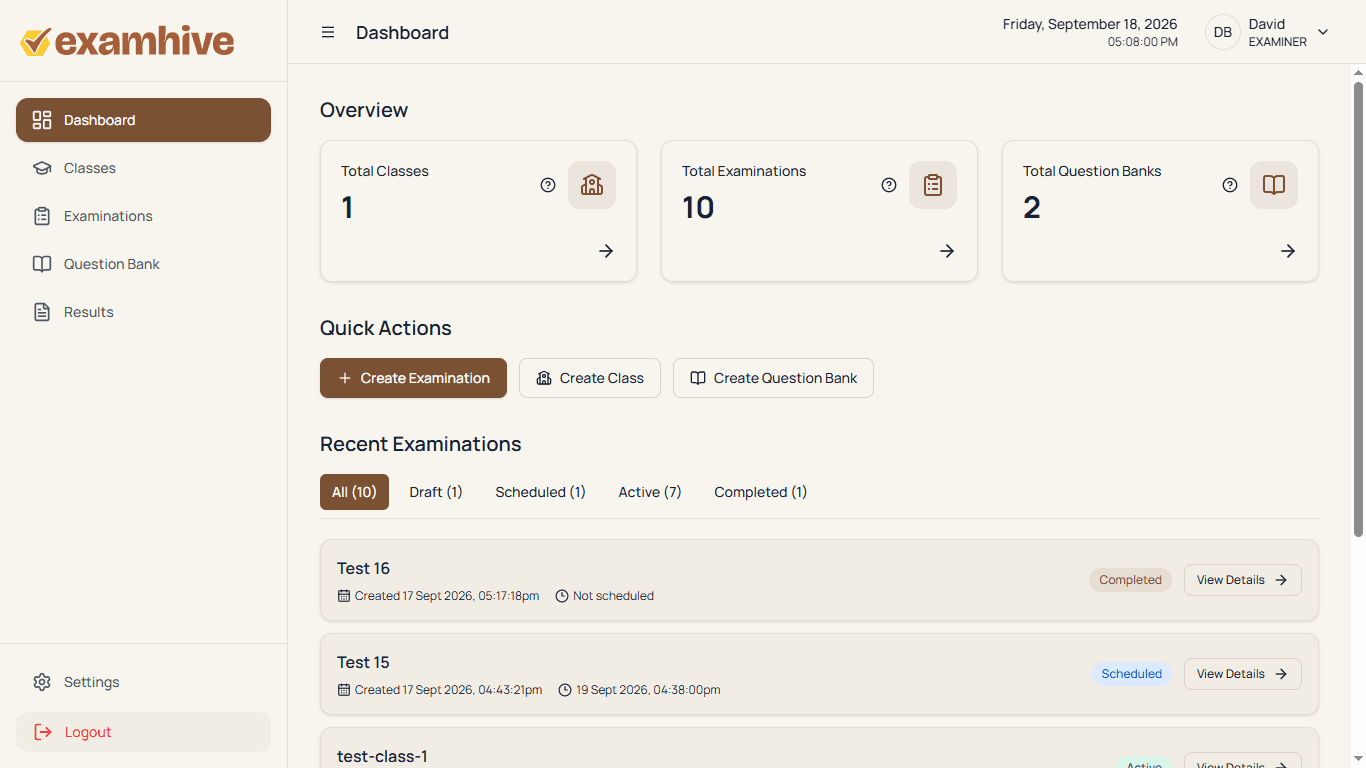 Examhive examiner dashboard showing total number of created classes, examinations, question banks, and a list of recent examinations with their status.
